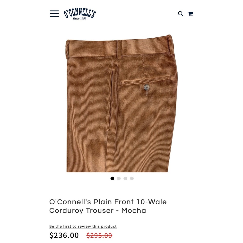 O'Connells Plain Front 10 Wale Corduroy Trousers Mocha Men's Size 40